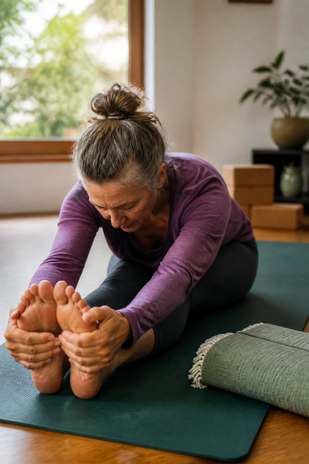 Real woman performing gentle yoga hip and back stretch in a cozy living room