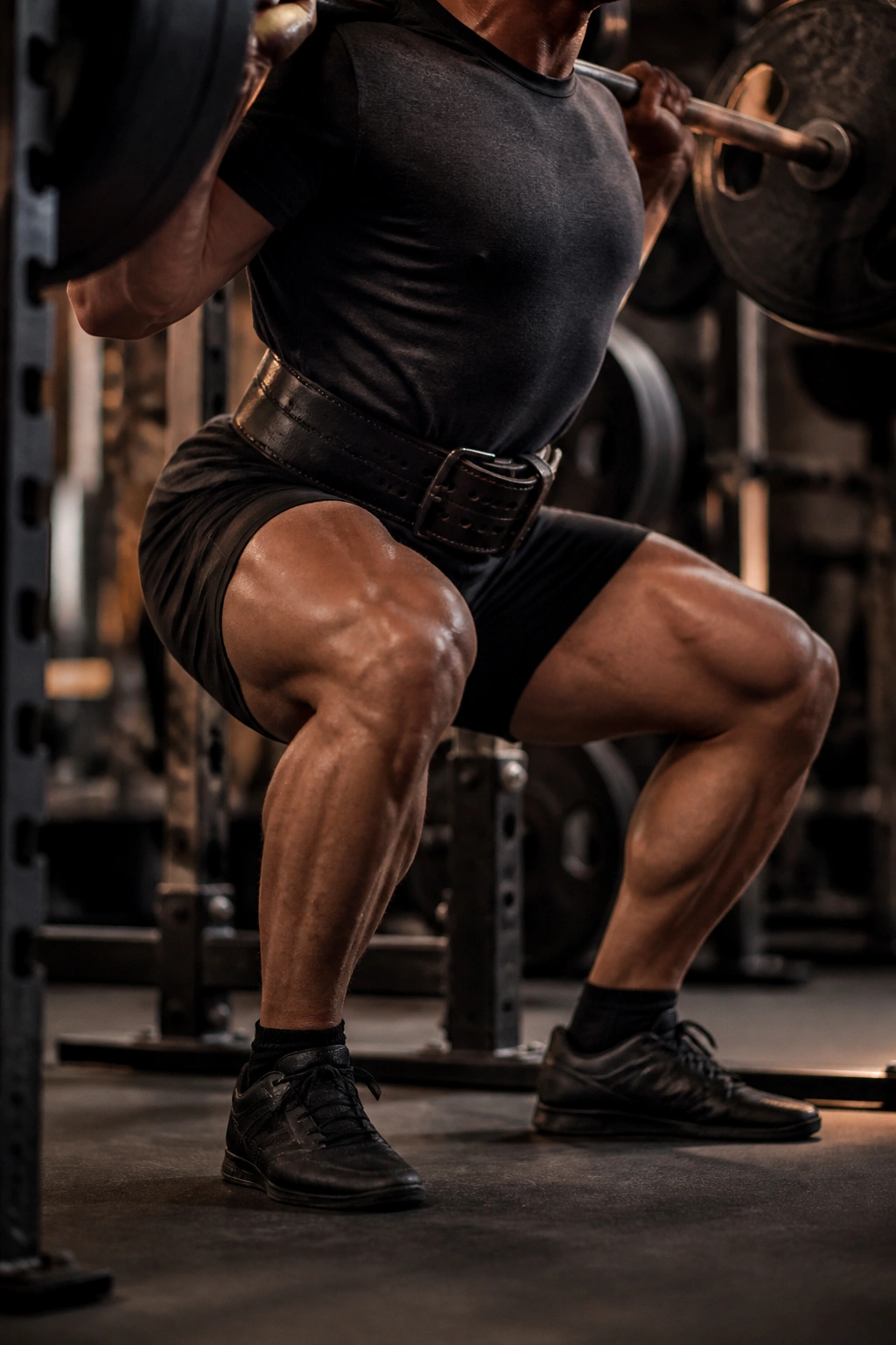 Close-up of a lifter performing heavy back squat in gym focusing on legs and barbell
