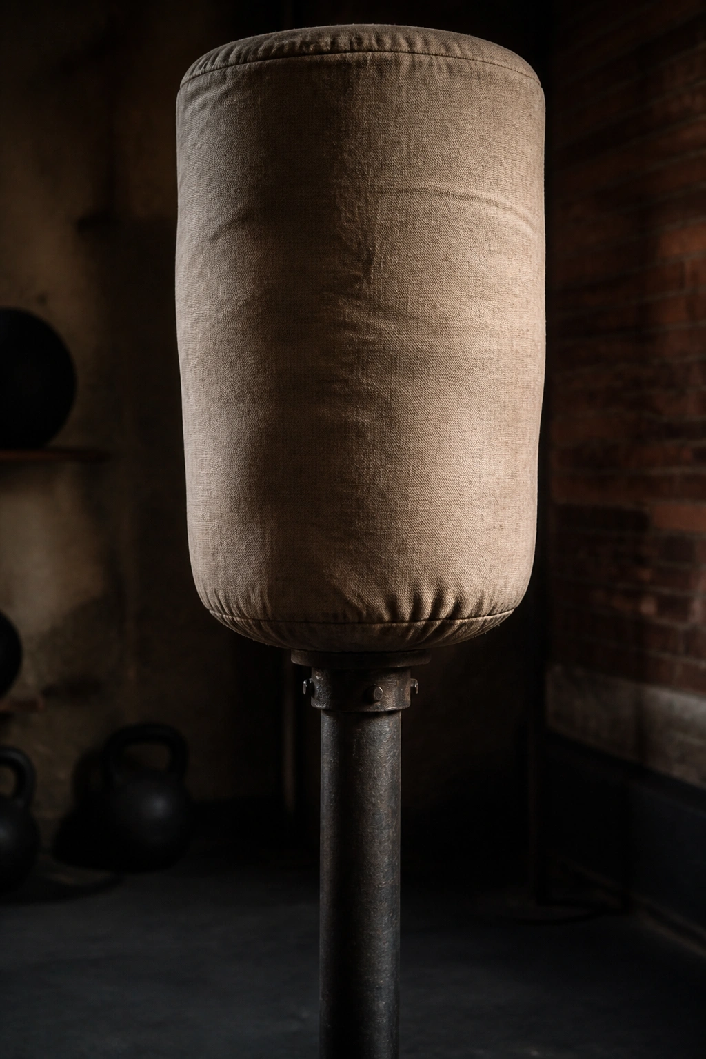 Close-up of a stationary ghost bag mounted on a post in a gritty gym corner