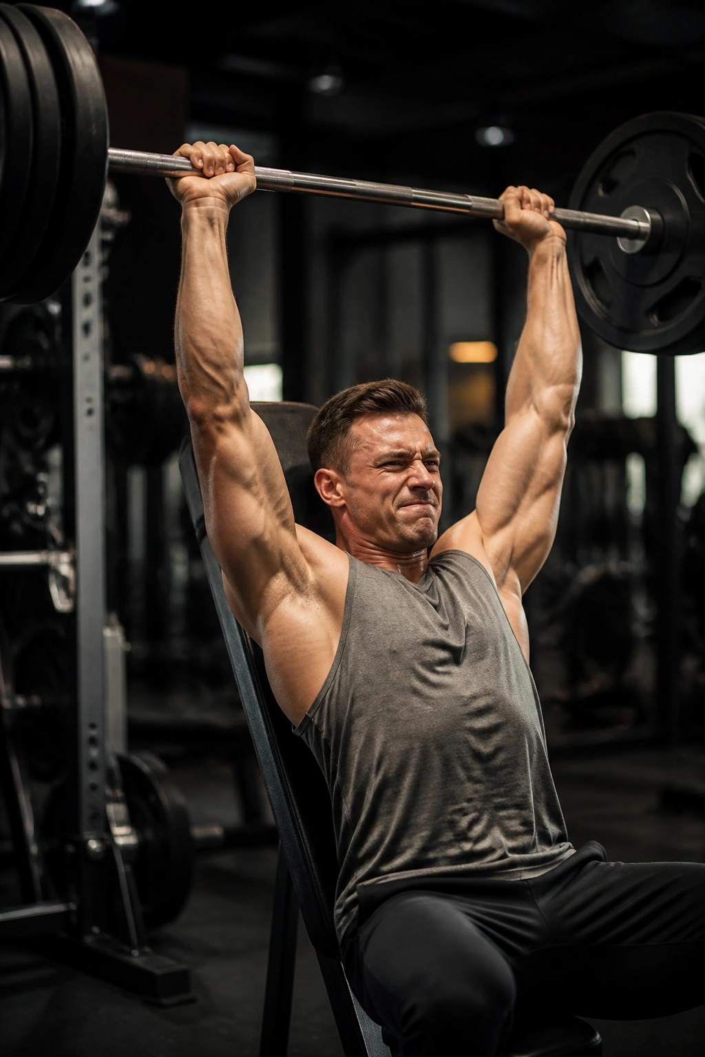 Lifter performing heavy overhead press as part of a giant set for delts
