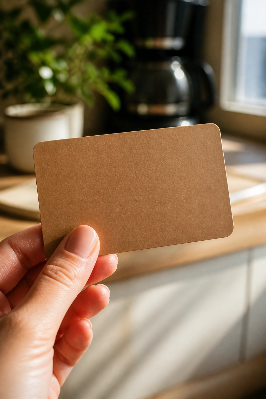 Close-up of an unmarked gift card held in a hand in a warm kitchen