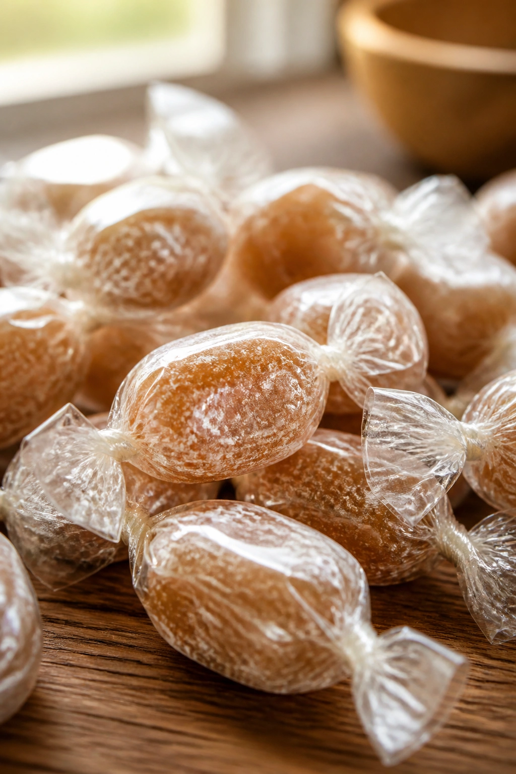 Close-up of ginger chews on a wooden surface with warm light