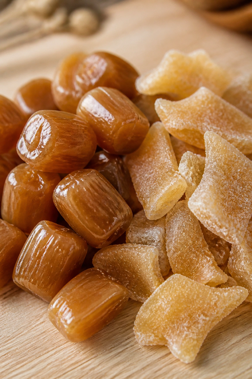 Close-up of ginger chews and crystallized ginger on a wooden surface