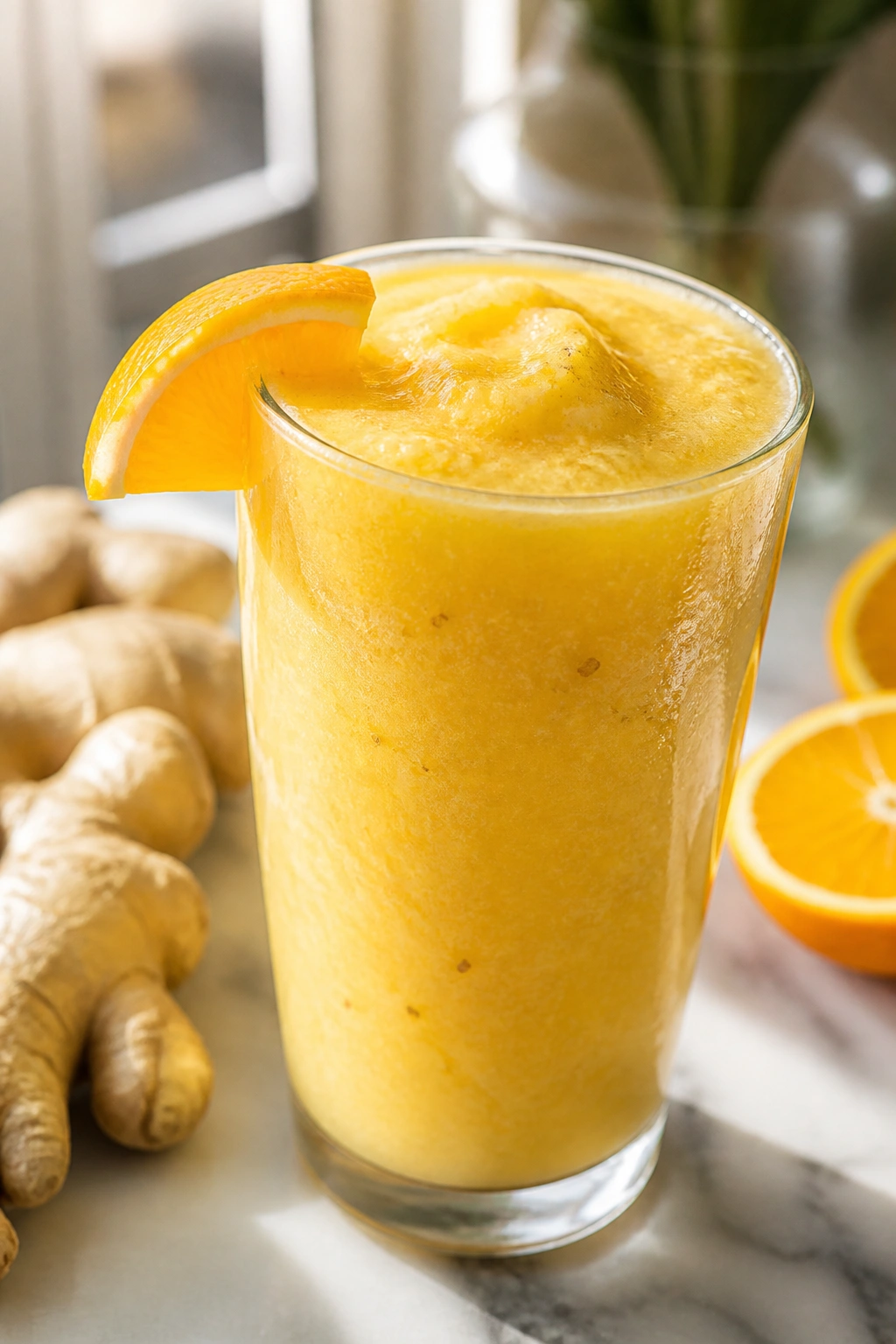 Close-up of a frosty Ginger-Citrus Smoothie in a tall glass on a wooden kitchen counter