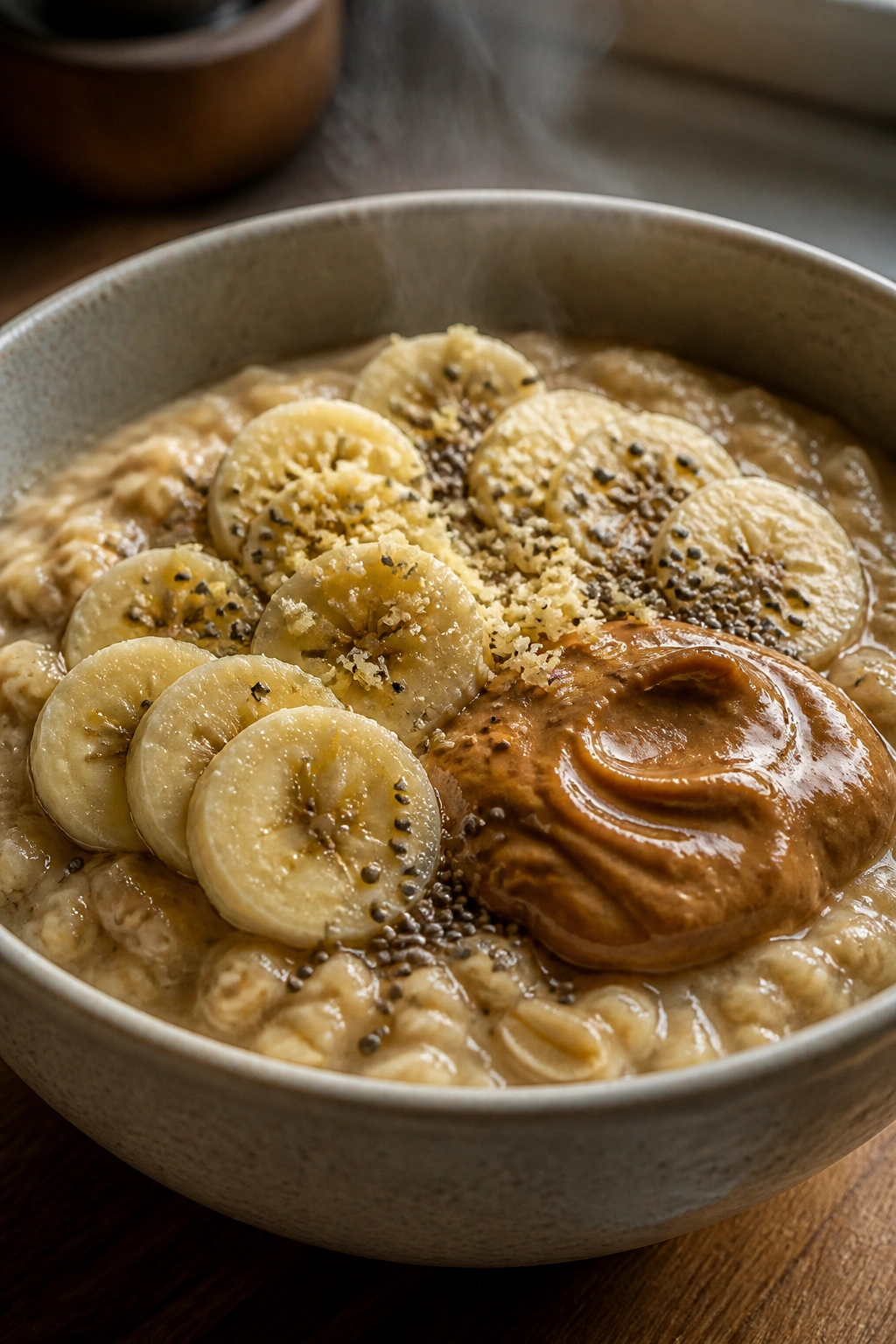 Close-up of ginger oatmeal bowl with banana, chia seeds, and almond butter in a cozy kitchen