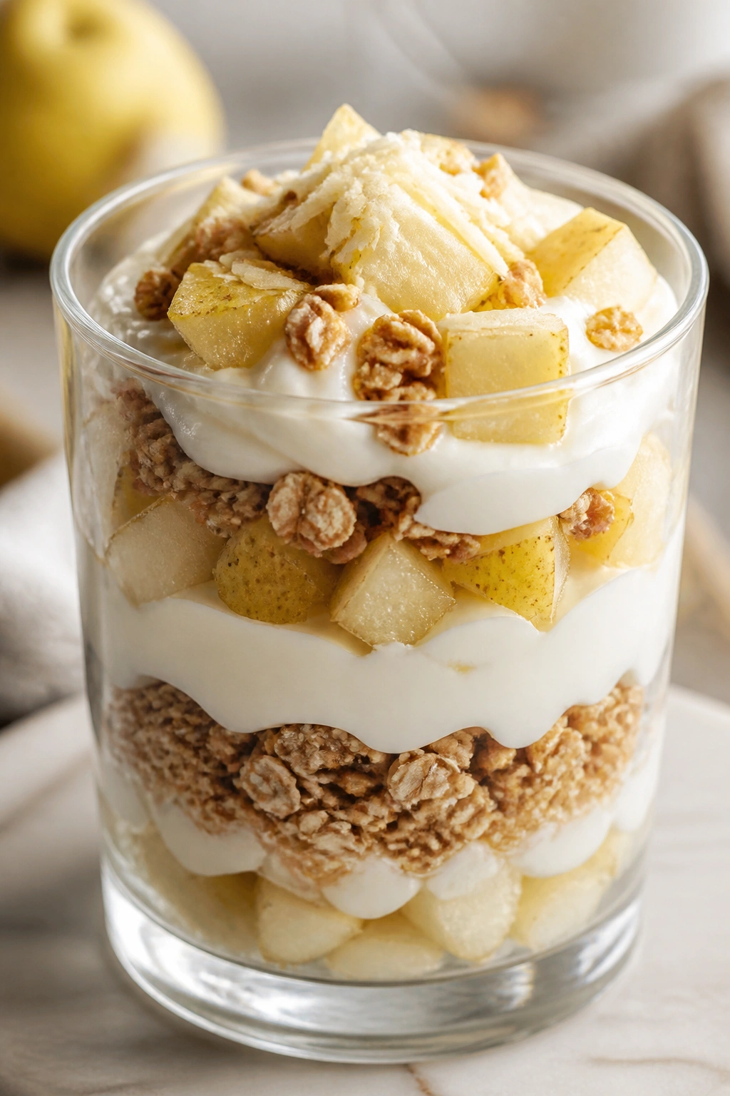 Close-up of a ginger pear parfait in a glass with yogurt and granola