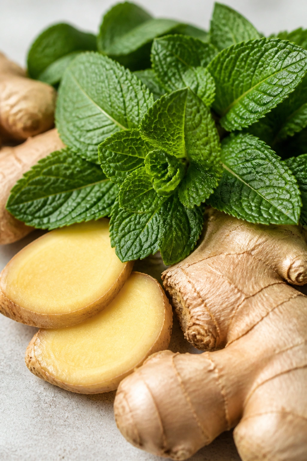 Close-up of fresh ginger and peppermint on a neutral surface