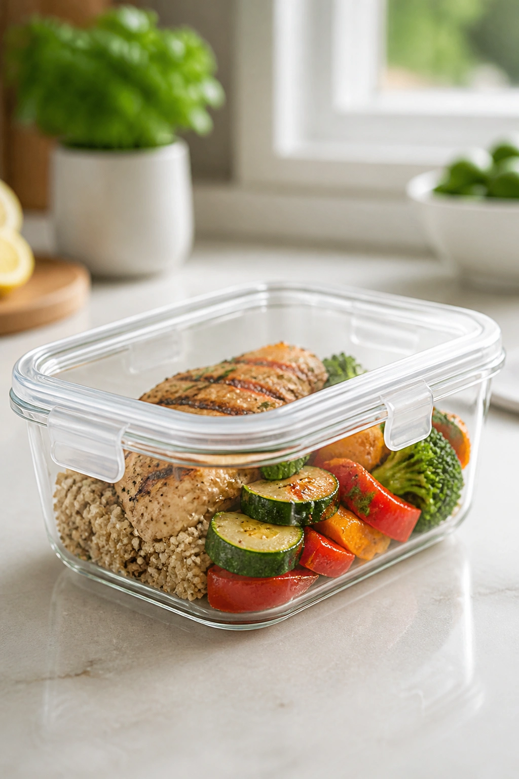 Close-up of glass meal-prep container with food on a kitchen counter