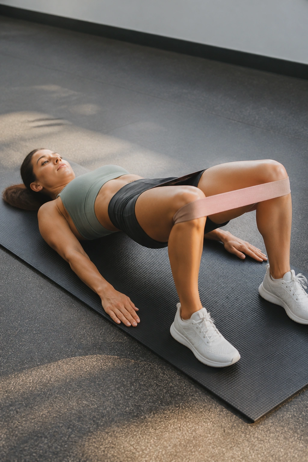 Person in glute bridge with knee abduction pulses using a band