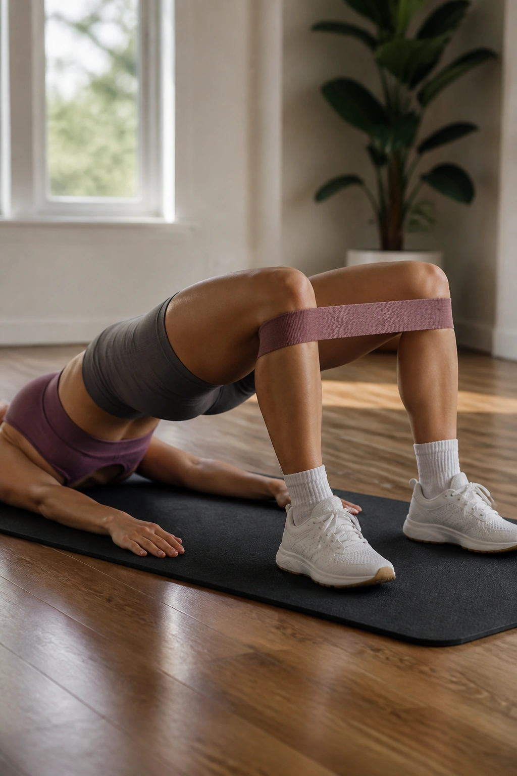 Person performing glute bridge with abduction on a yoga mat at home