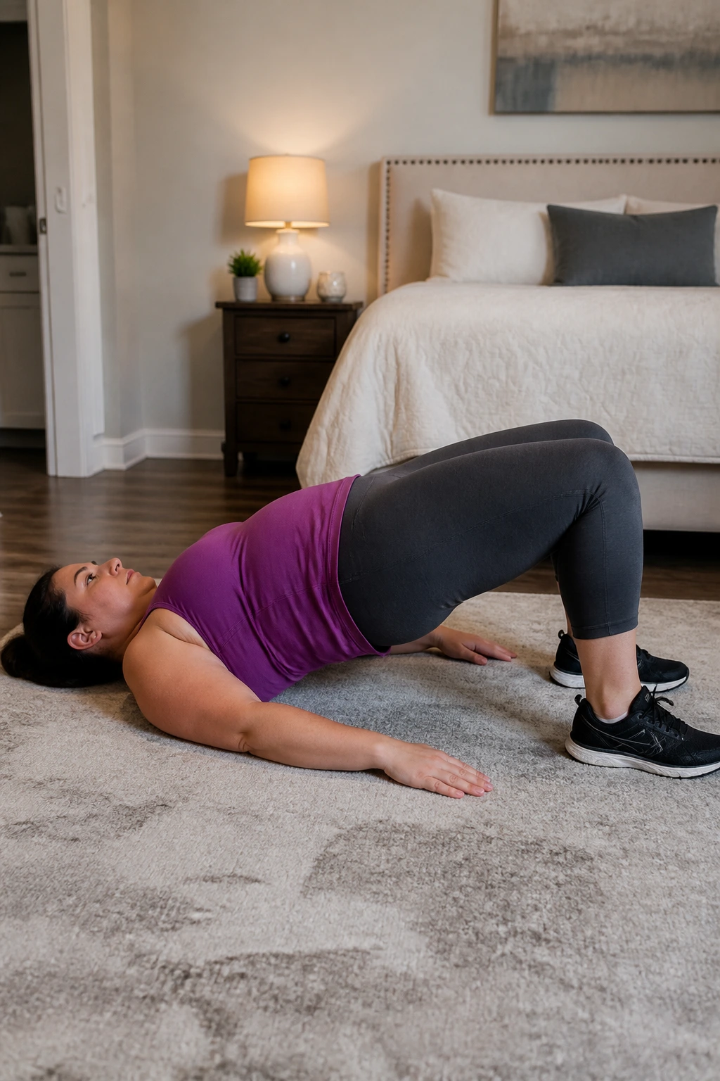 Real woman performing glute bridge on floor with hips lifted
