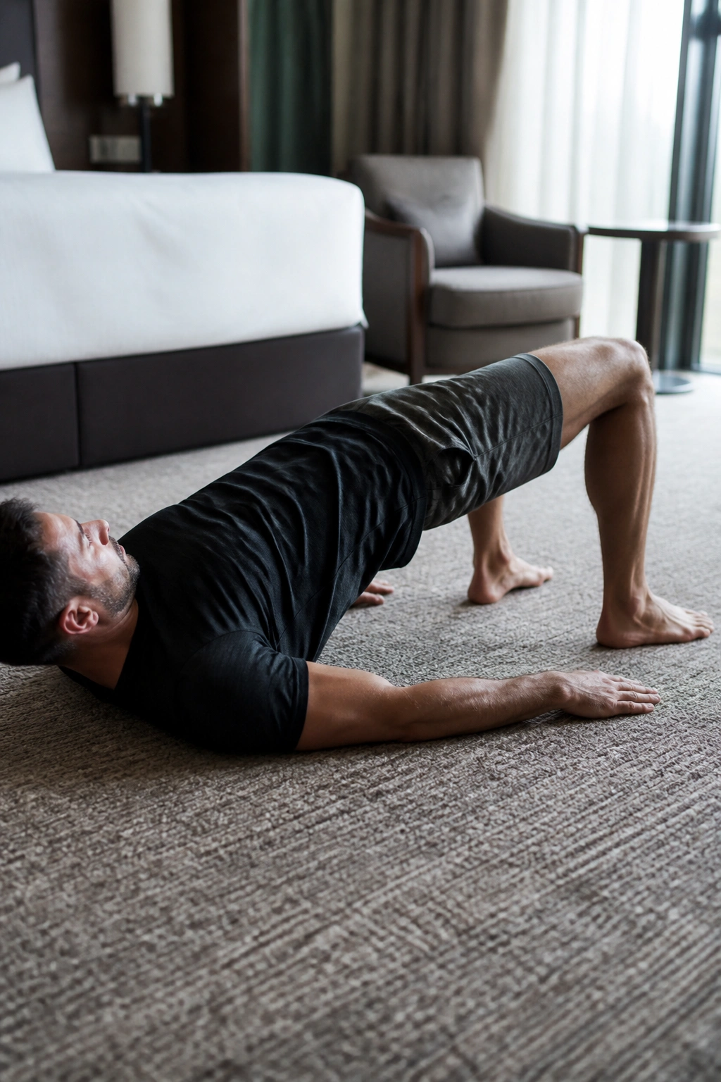 Person doing glute bridge and core exercises on hotel room floor
