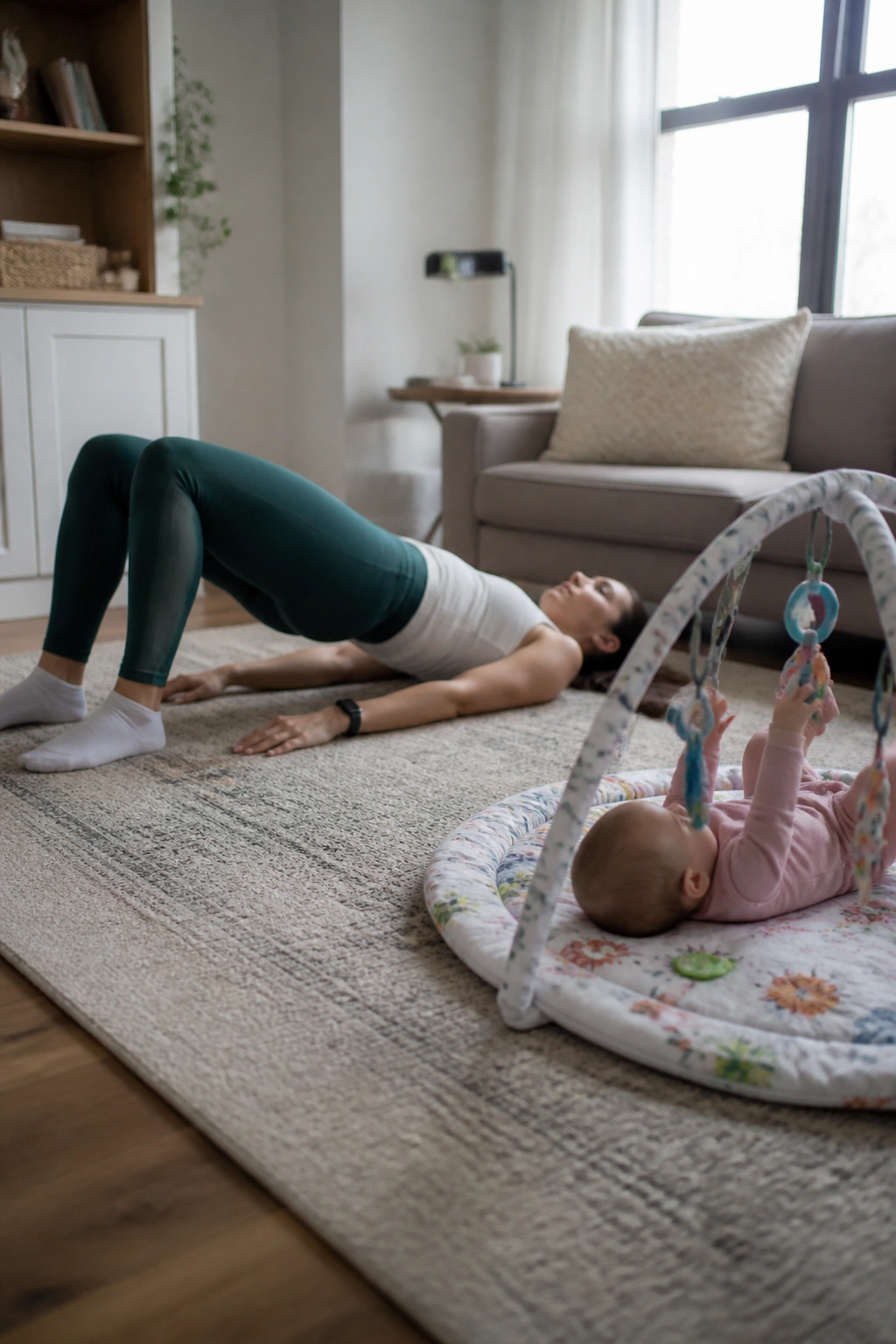 Medium close-up of a person performing glute bridge with a baby beside the play mat