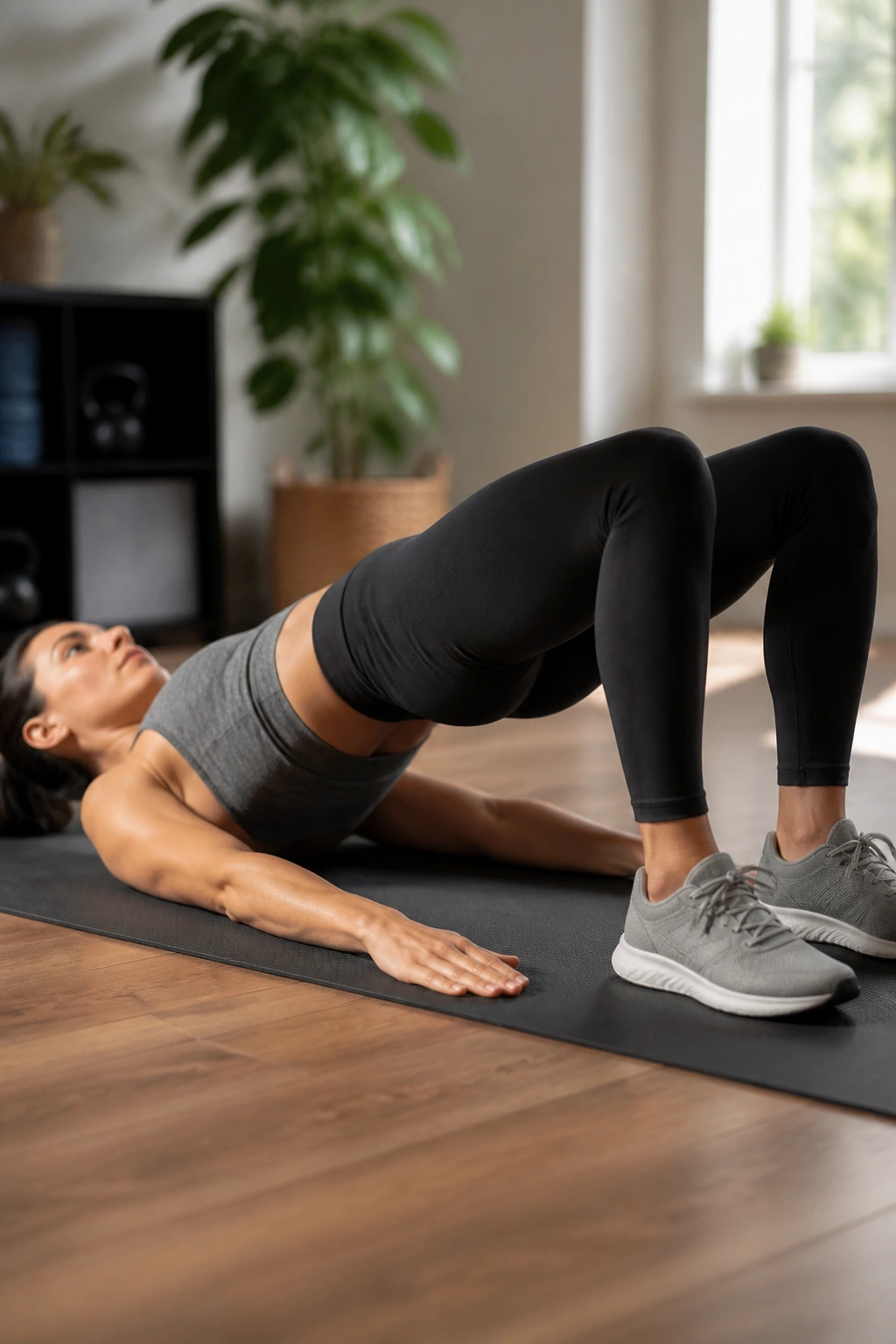 Person on floor performing glute bridge with hips elevated to activate glutes