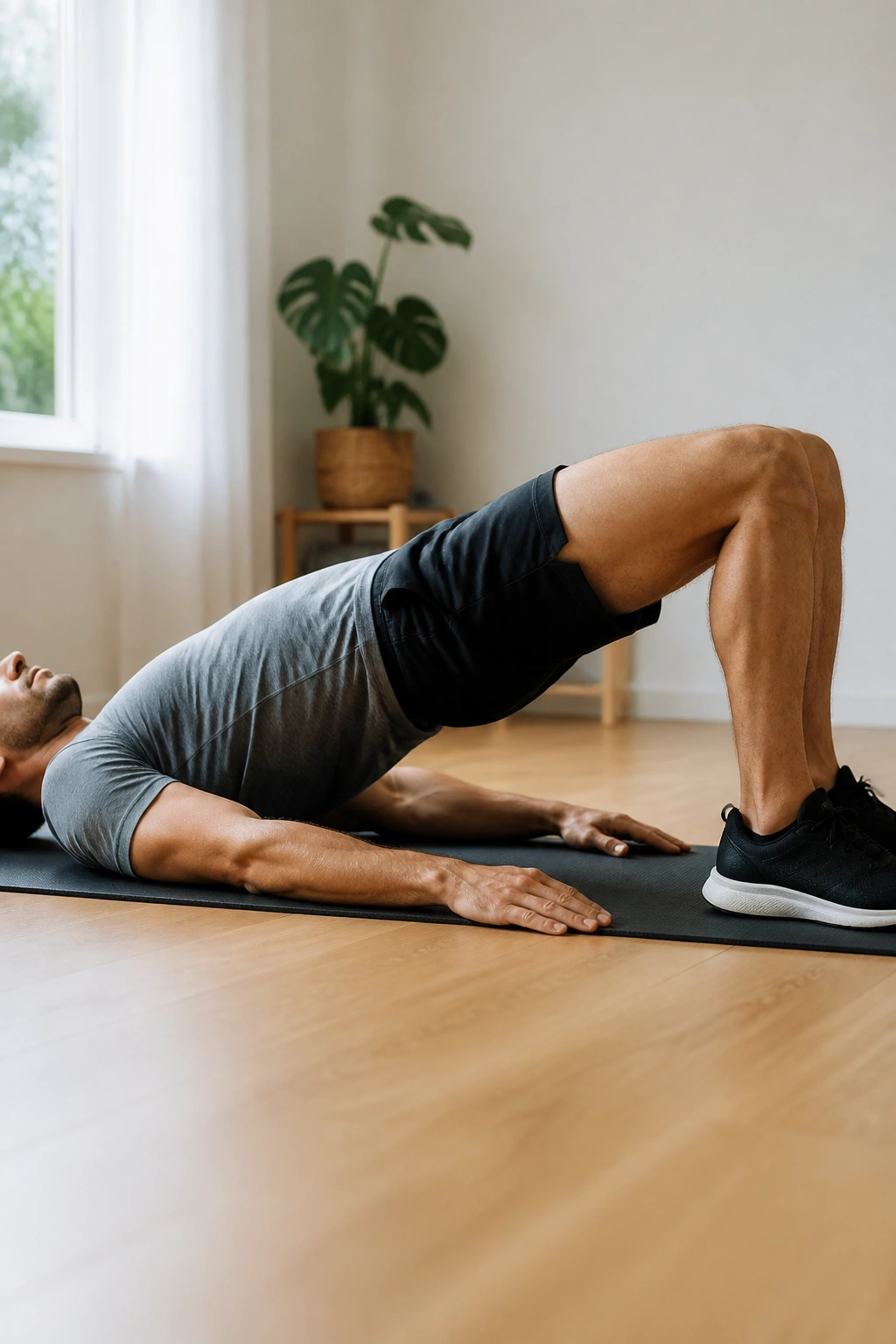 Hips lifted in a glute bridge with the body in a straight line