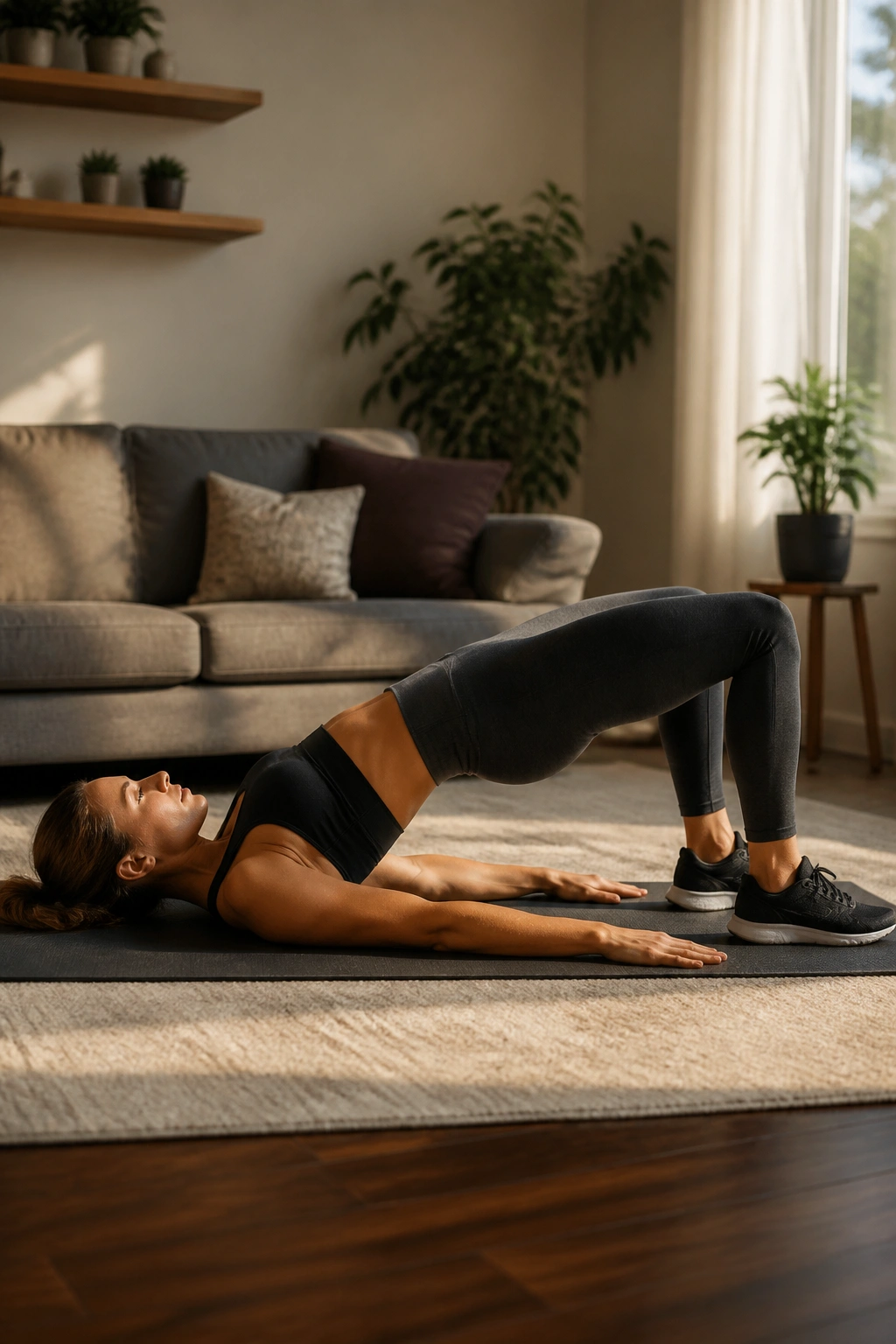 Glute bridge in a living room with hips lifted