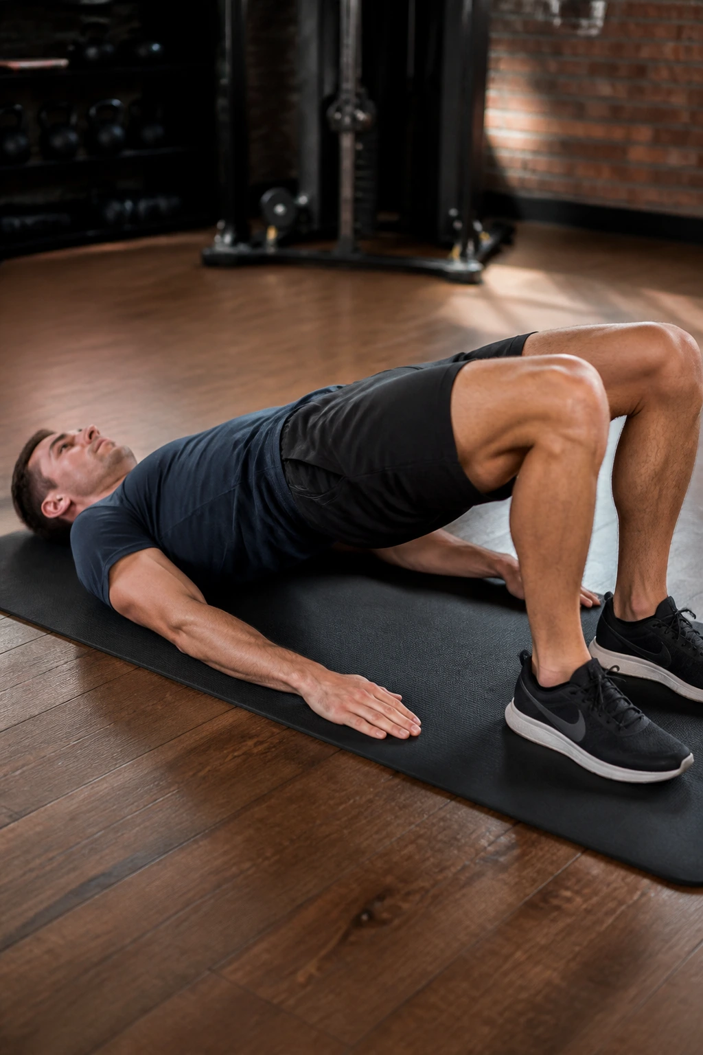 Real person performing a glute bridge hold on a mat with hips lifted