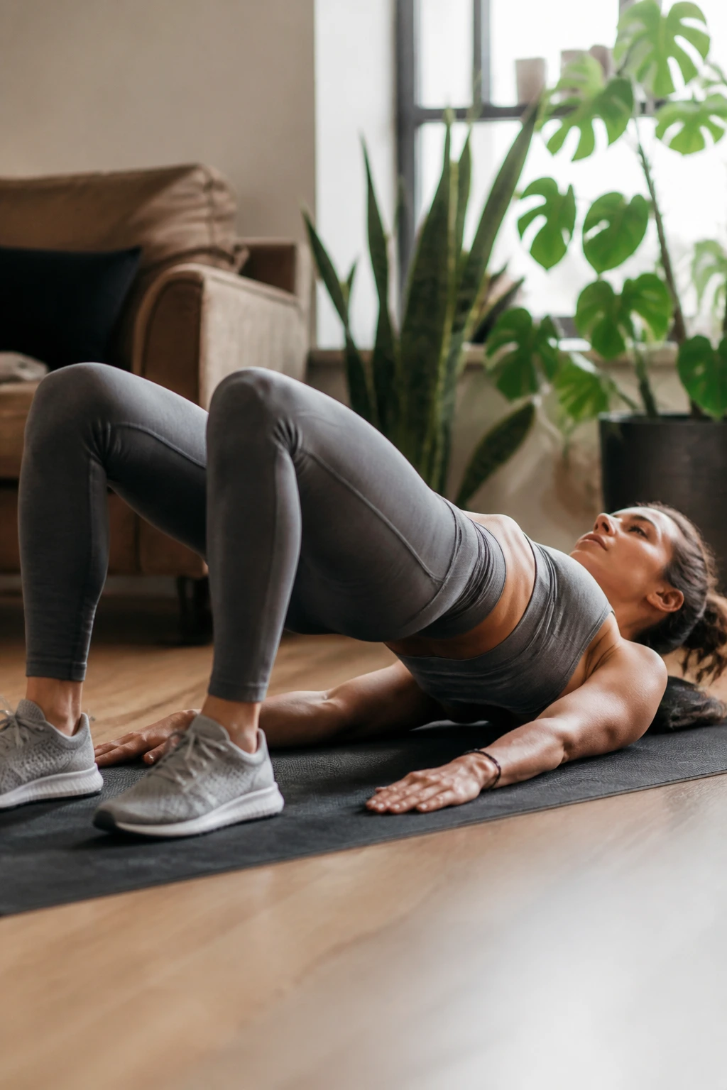 Person performing glute bridge on a mat, hips lifted