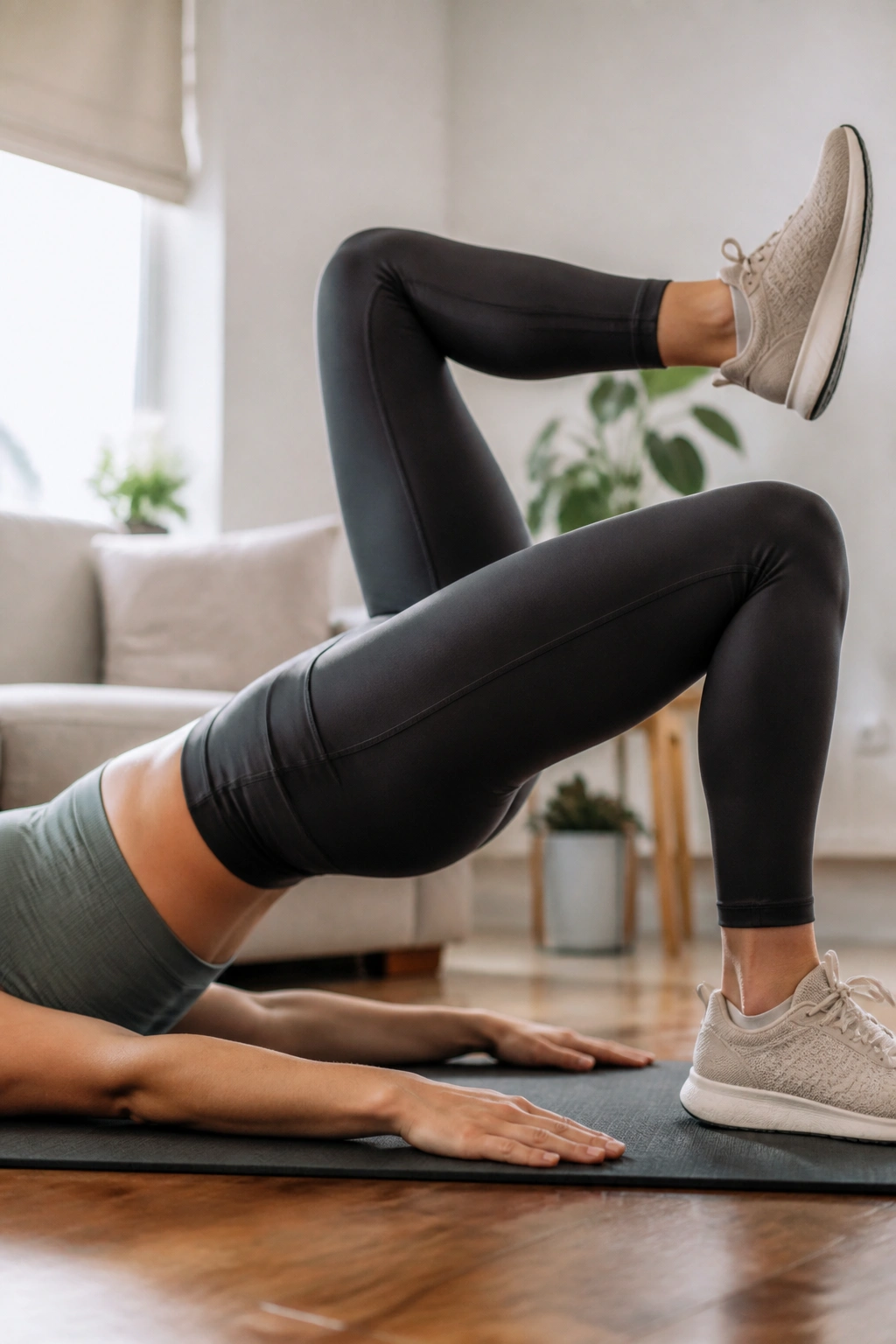 Glute bridge march showing hip stability and leg lift at home