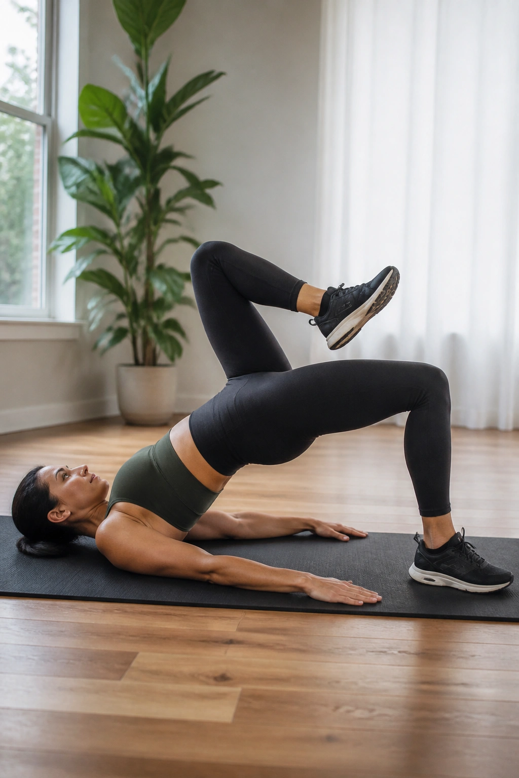 Person performing glute bridge march on a mat in a home environment