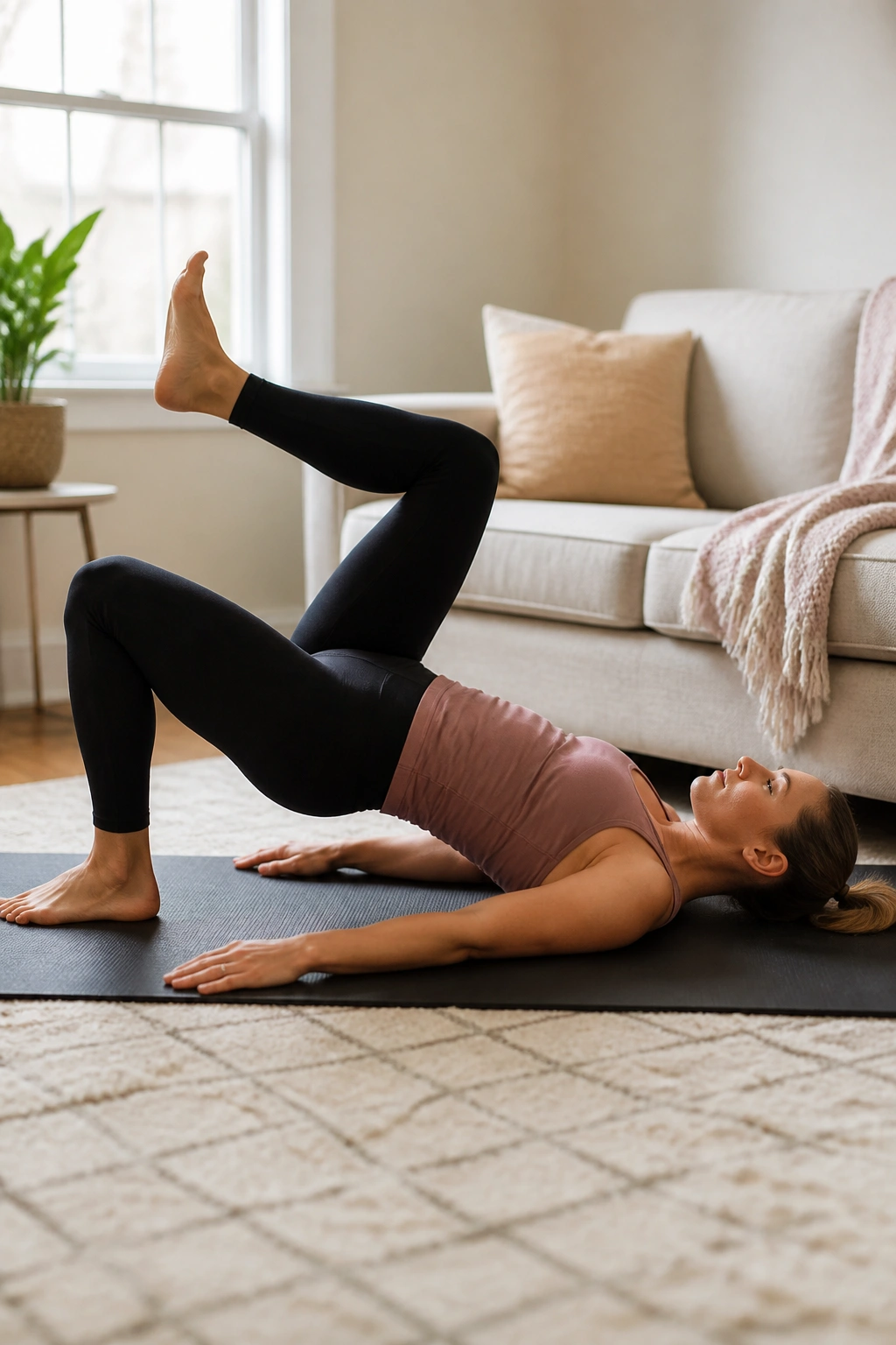 Postpartum woman performing glute bridge with marching leg on a mat in a cozy living room