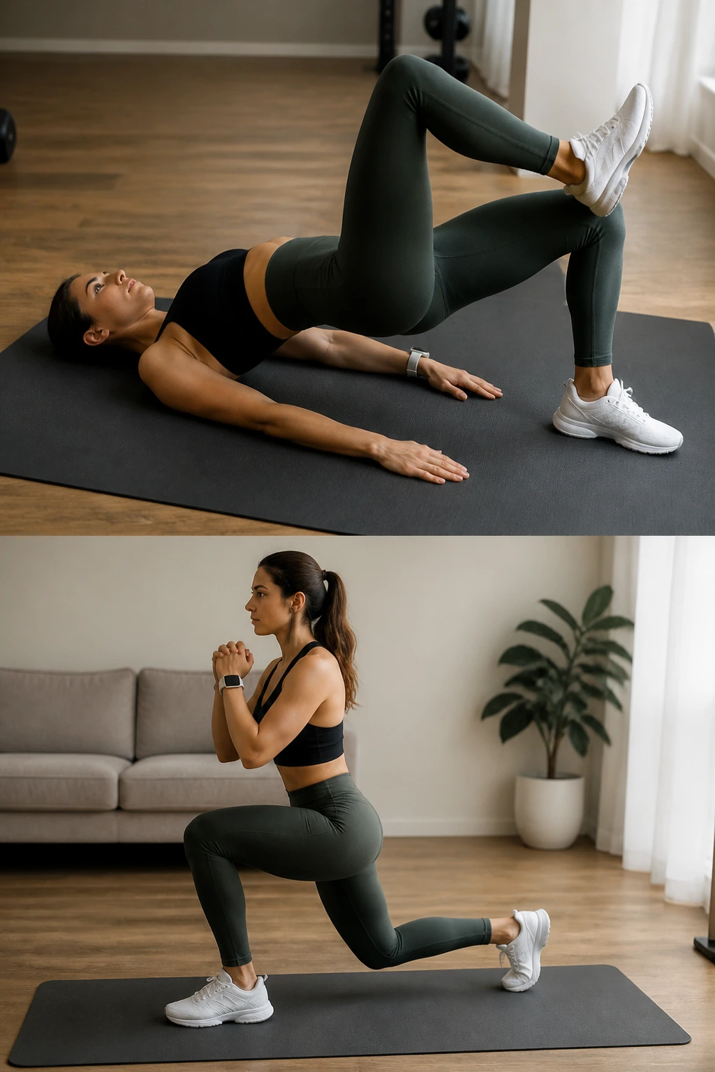 Person performing glute bridge marches on a mat