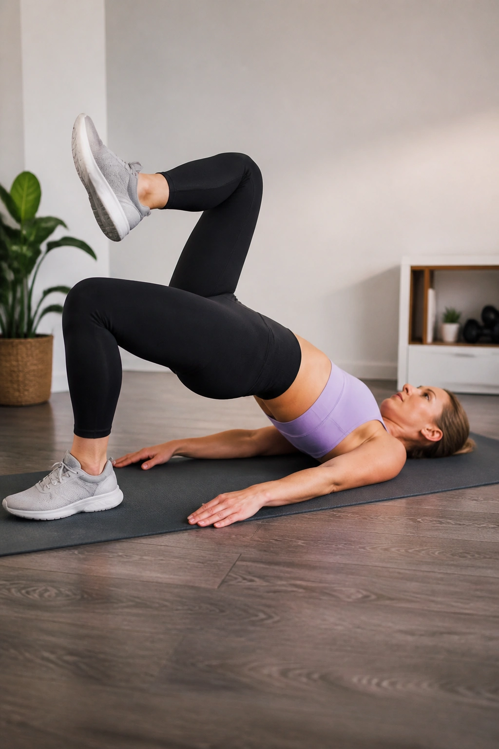Person in glute bridge with marching, knee toward chest.