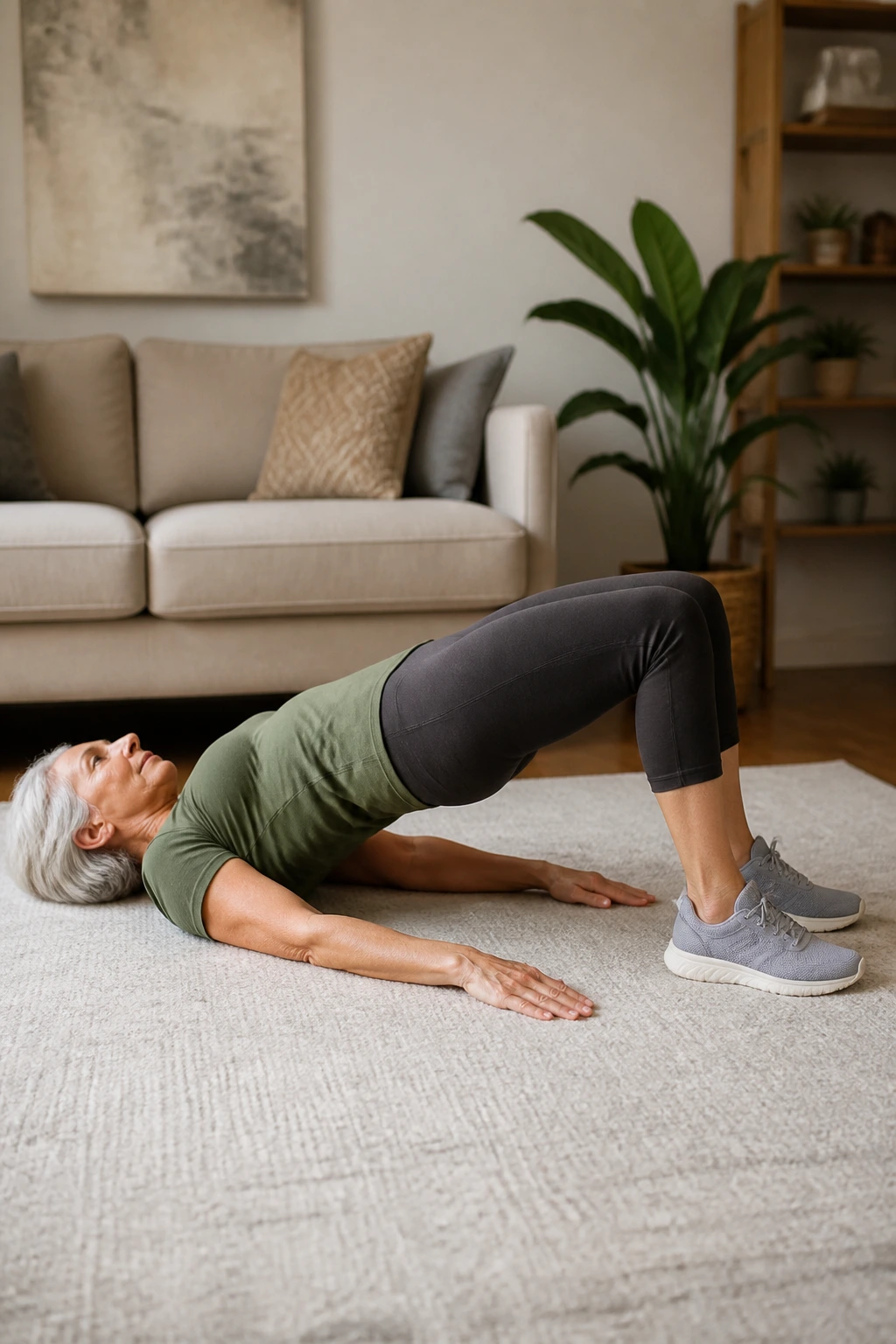 Real person performing glute bridge with pause on a rug at home.