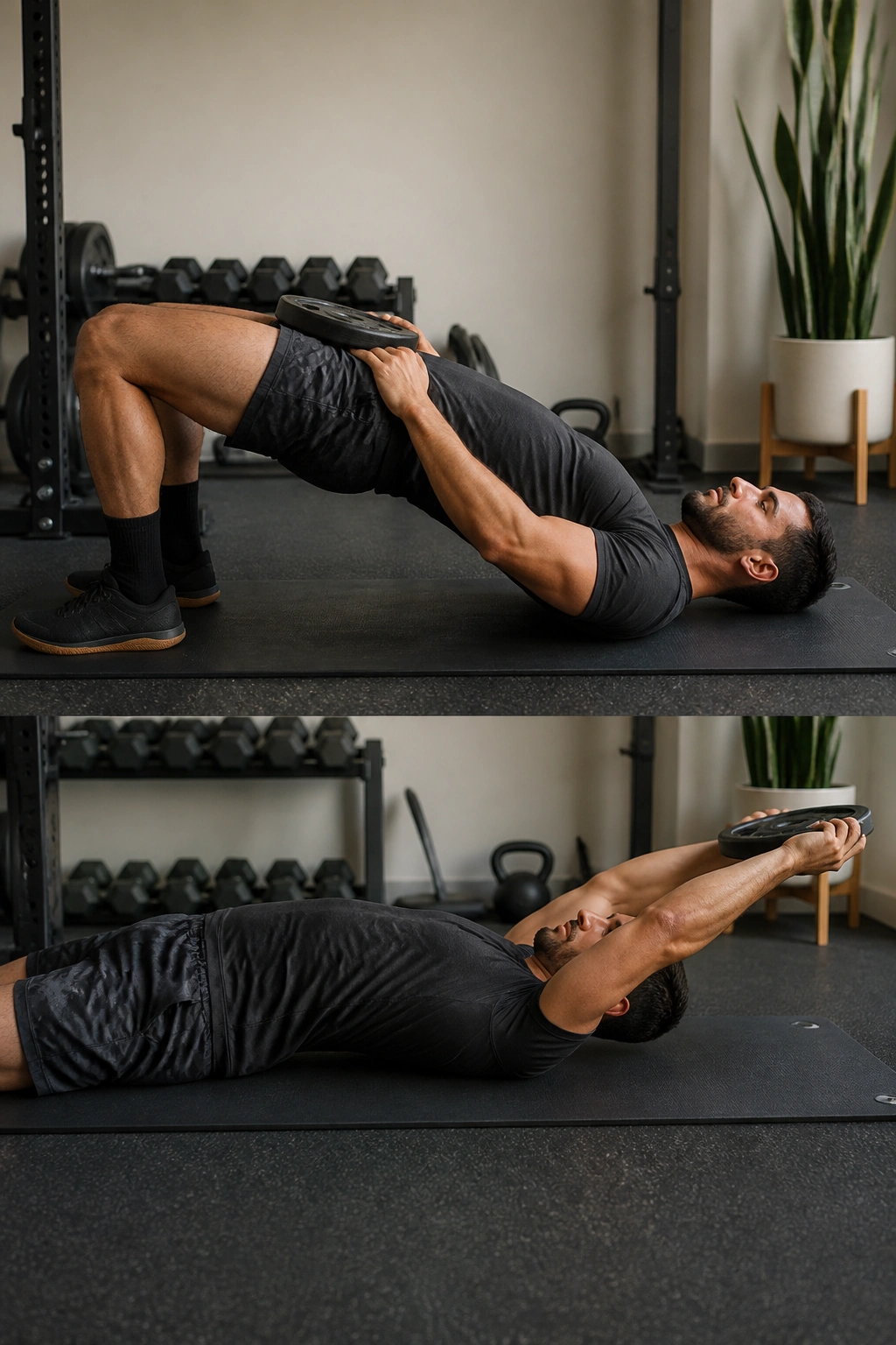 Person lying on mat performing weighted glute bridge with plate pullover over head