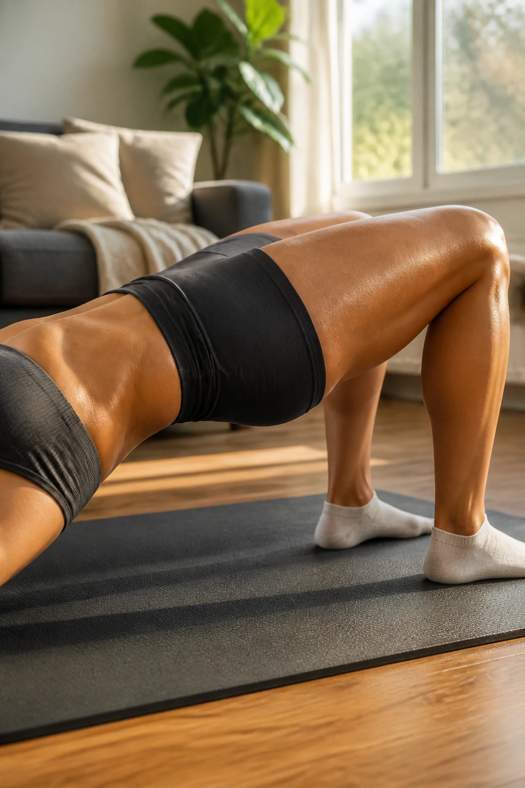 Close-up of hips and glutes at top of glute bridge on a mat in a home setting