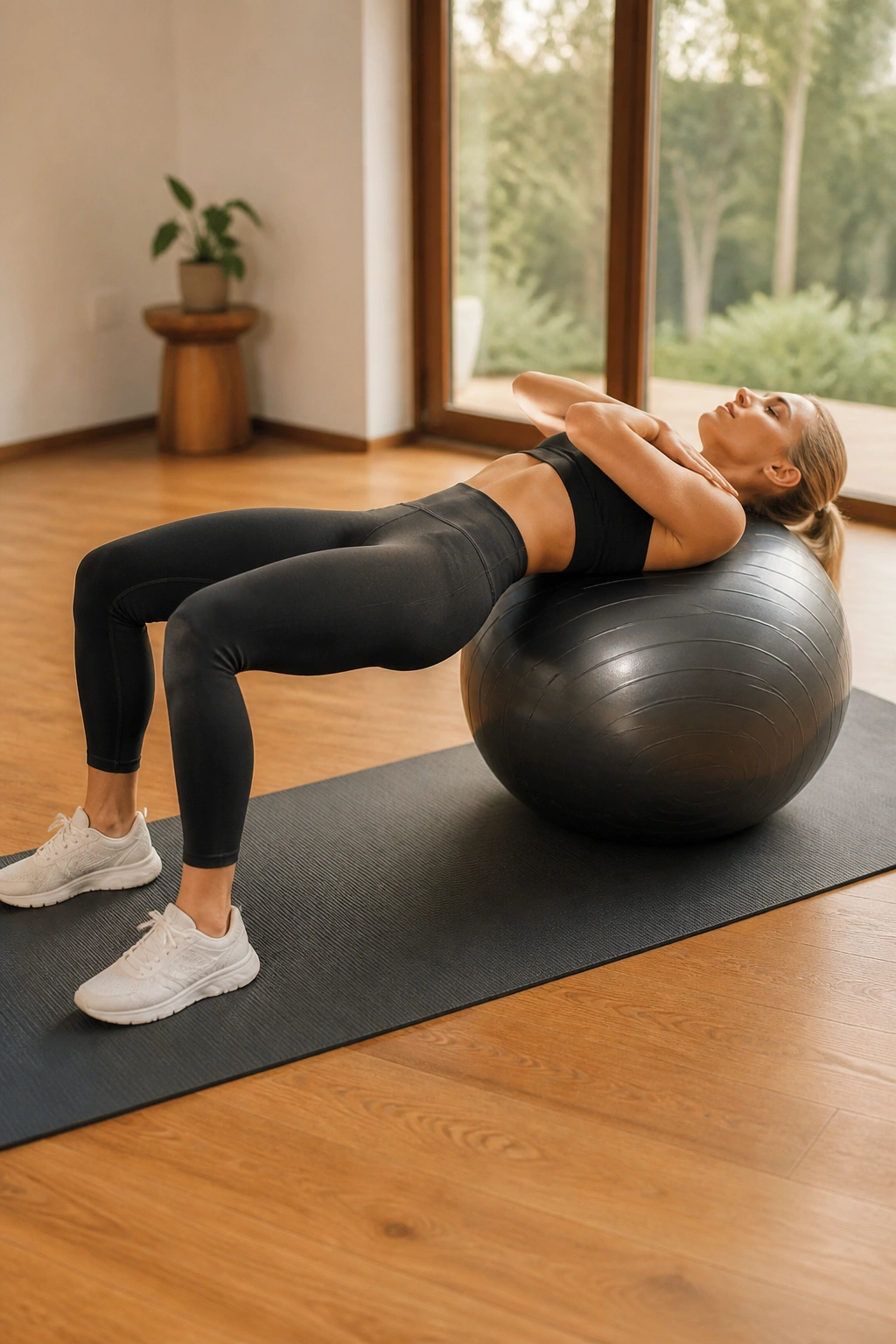 Real person performing glute bridge with shoulders on stability ball