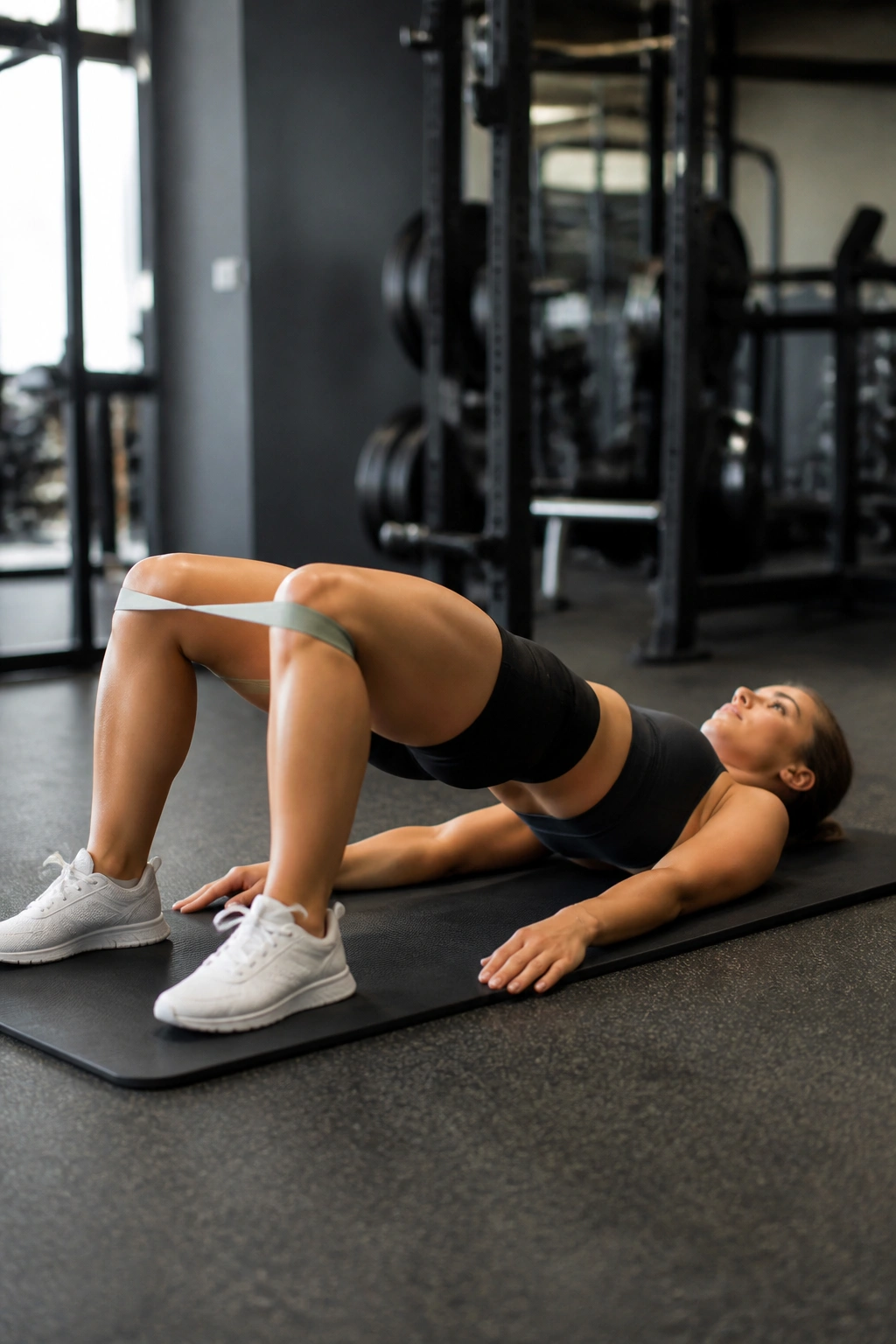 Person performing banded glute bridge warm-up on mat with resistance band