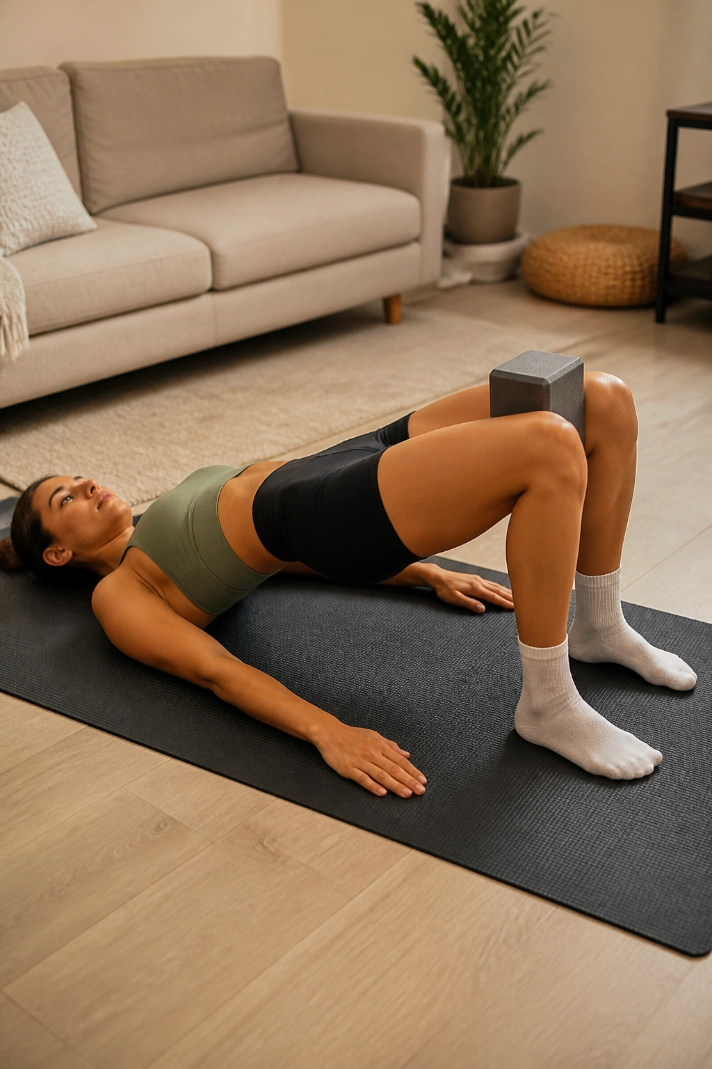 Bridge pose with knee squeeze showing isometric adductor contraction