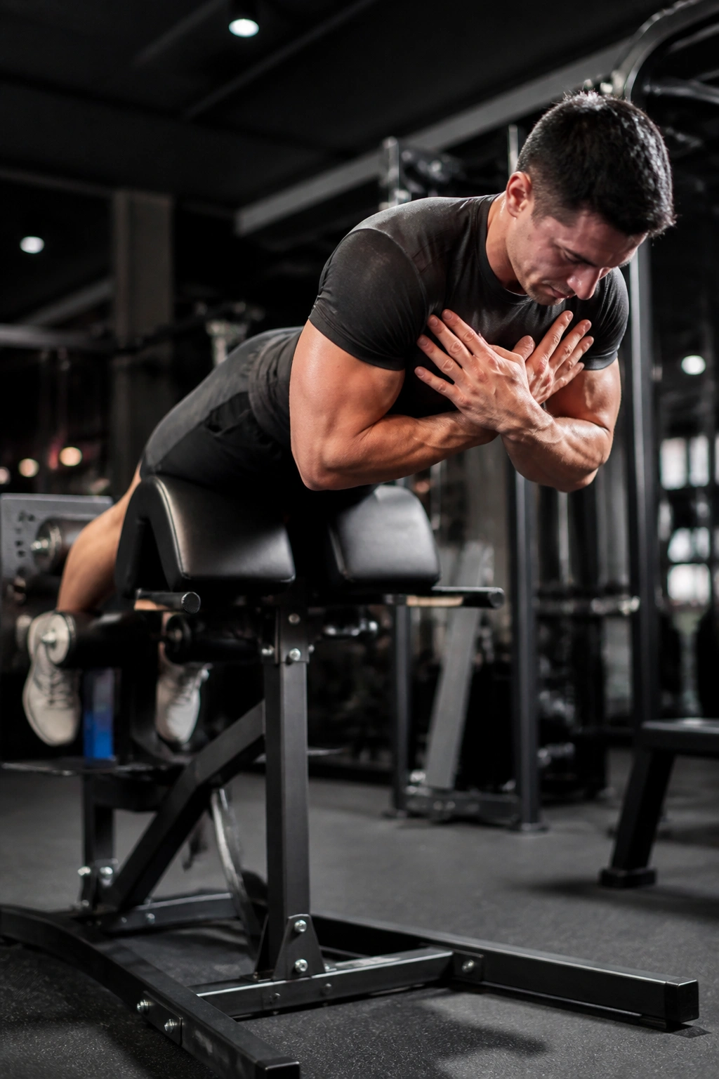 Lifter on a Glute-Ham Developer performing a hip extend and knee flex