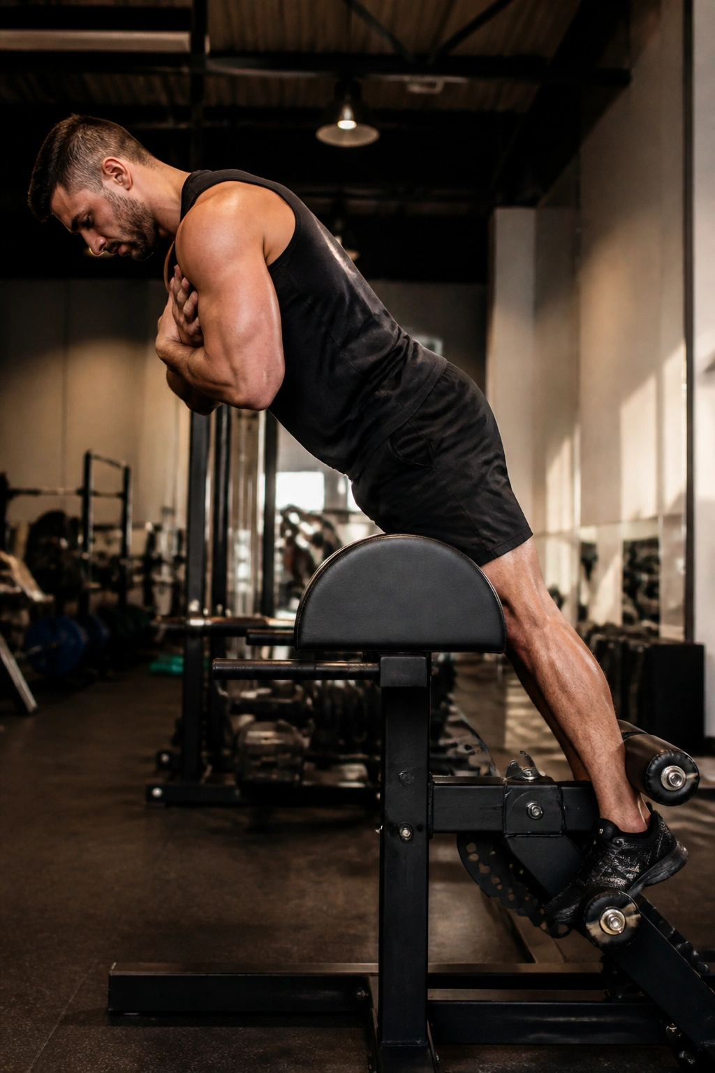 Person performing a glute ham raise on a GHD machine with strong hamstring and glute engagement