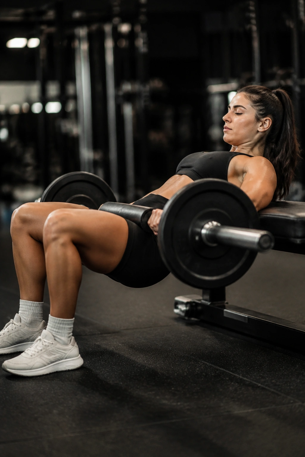 Athlete performing hip thrust with barbell in gym