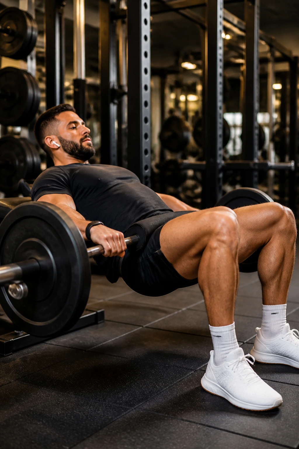 Close-up of a person doing hip thrust to target glutes and hamstrings in a gym