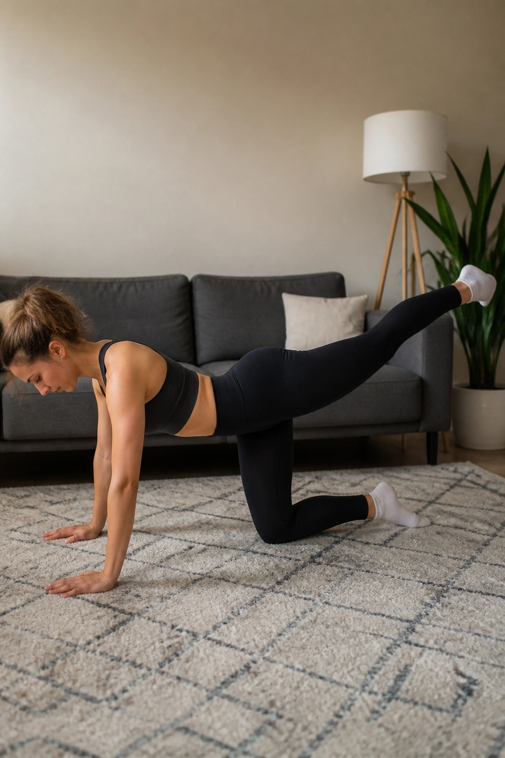 Close-up of a person performing glute kickbacks on hands and knees at home