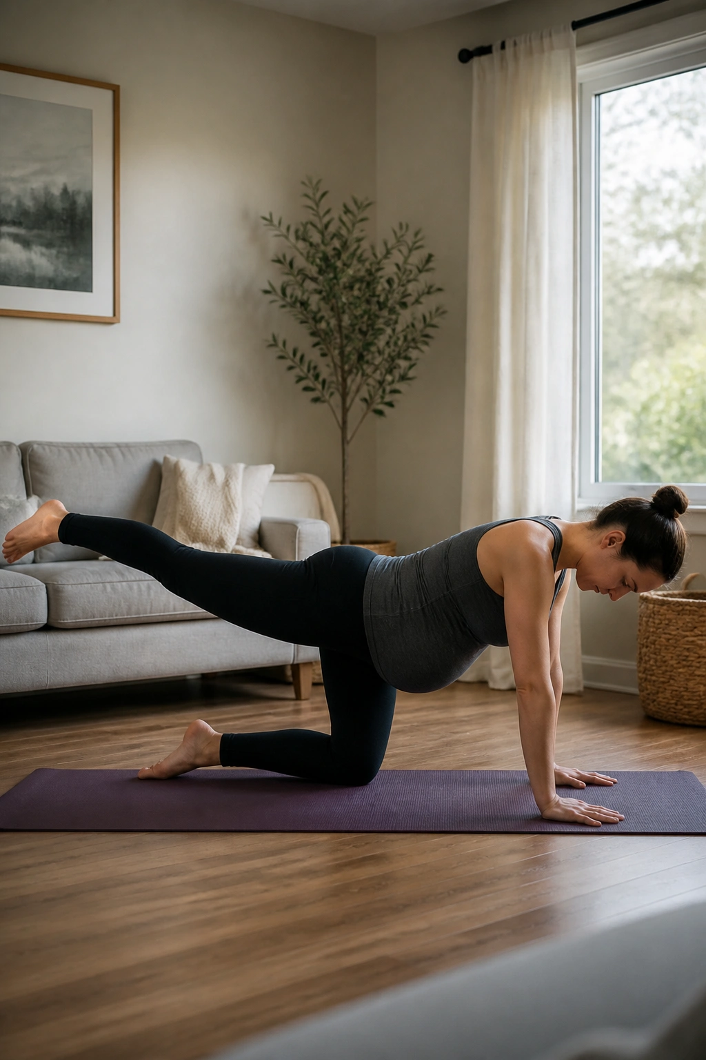 Pregnant woman performing glute kickbacks on hands and knees with pulse.