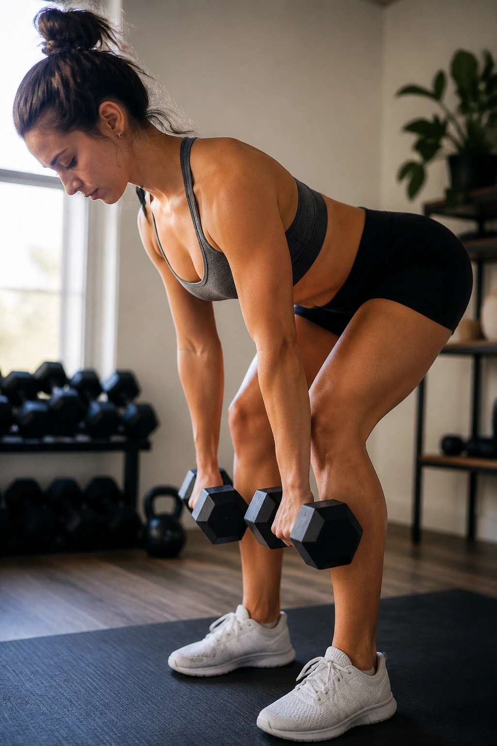 Person performing Romanian deadlift focusing on glutes and hamstrings in home gym