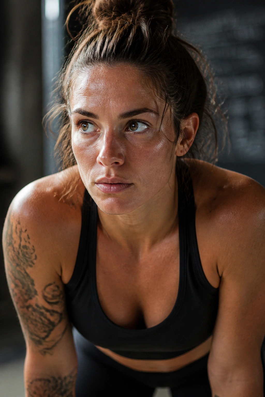 Close-up of focused athlete in gym with a blurred chalkboard background