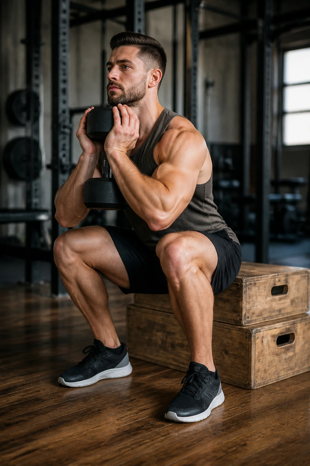 Real athlete performing goblet box squats with box in gym