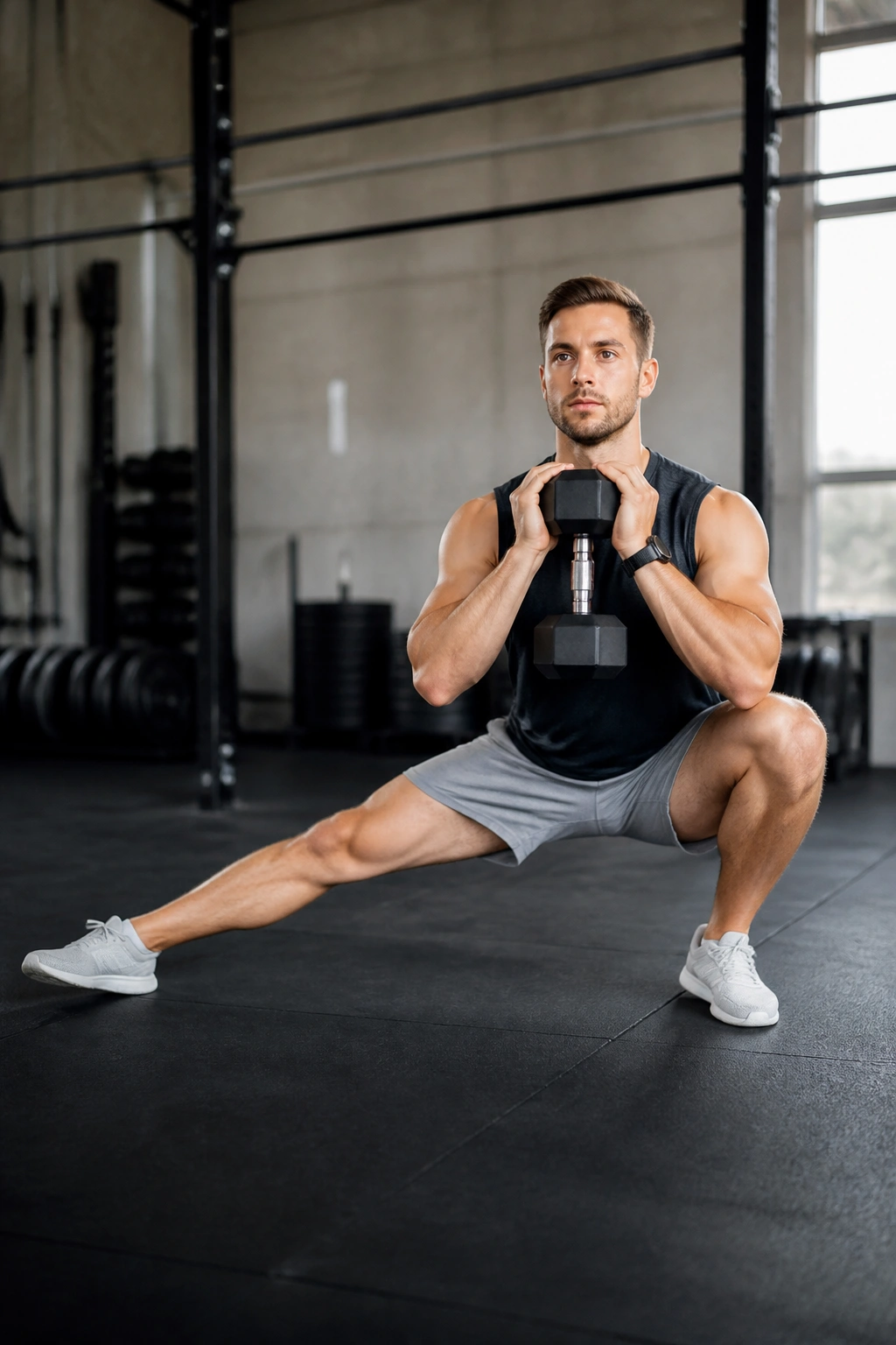 Person performing goblet Cossack squat in a gym