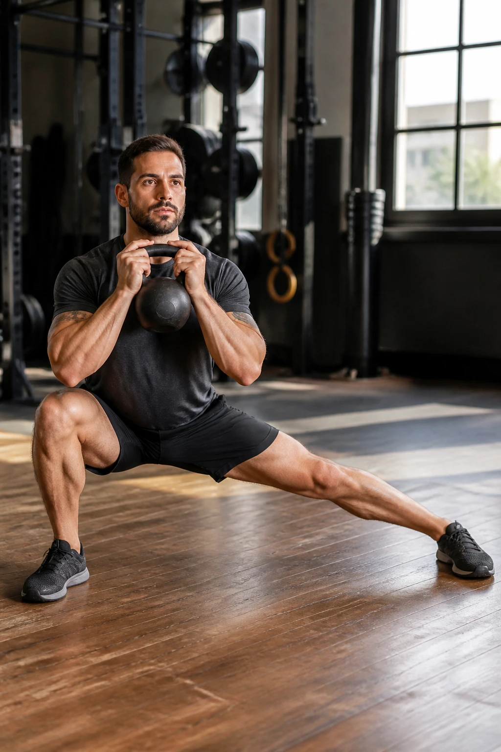 Real athlete performing goblet cossack squats in a gym, wide stance with kettlebell at chest level