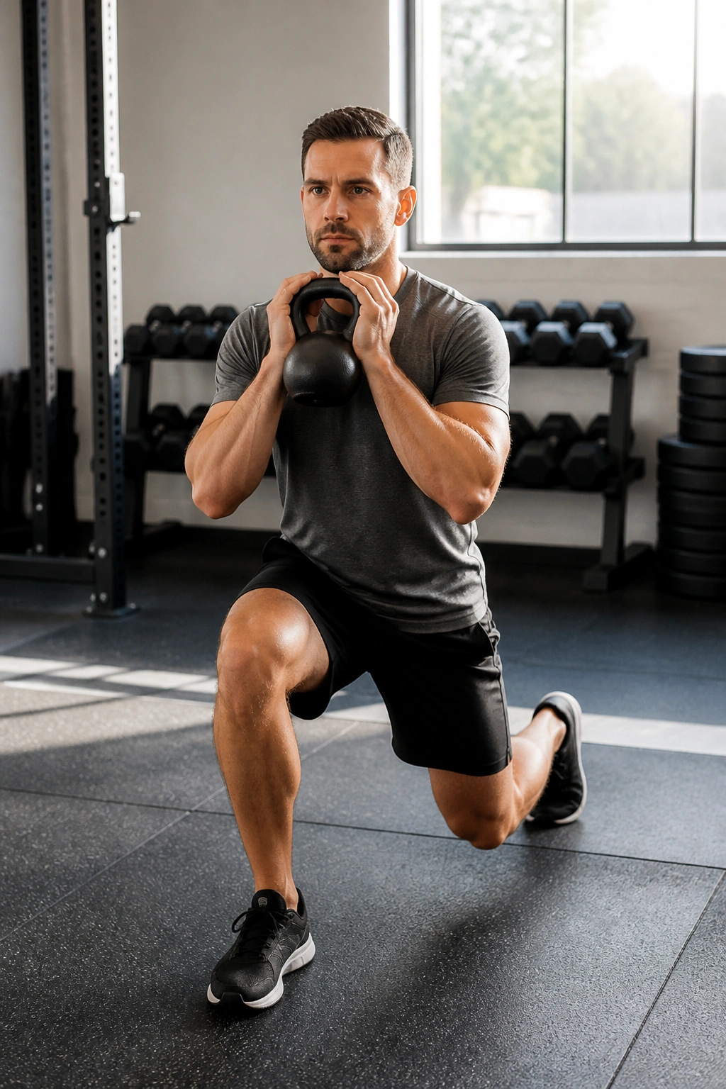 Front view of a person doing goblet reverse lunges with the goblet weight held at chest