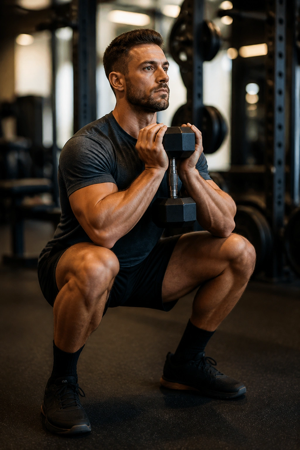 Lifter performing goblet squat as part of lower-body hypertrophy circuit