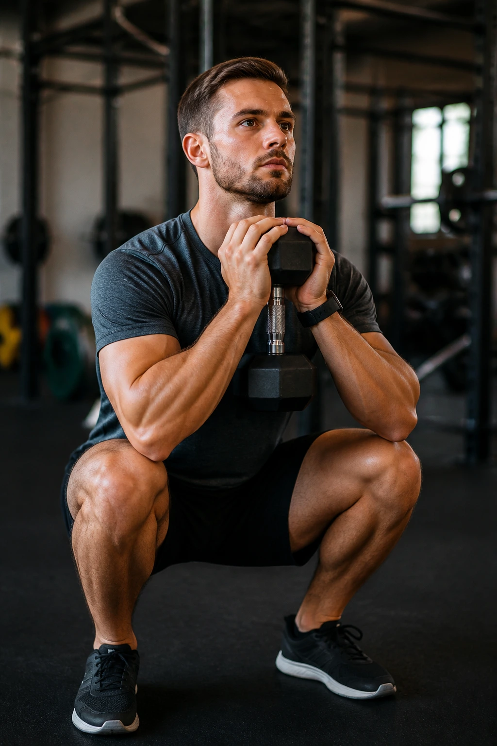 Medium close-up of a person performing a goblet squat in a gym