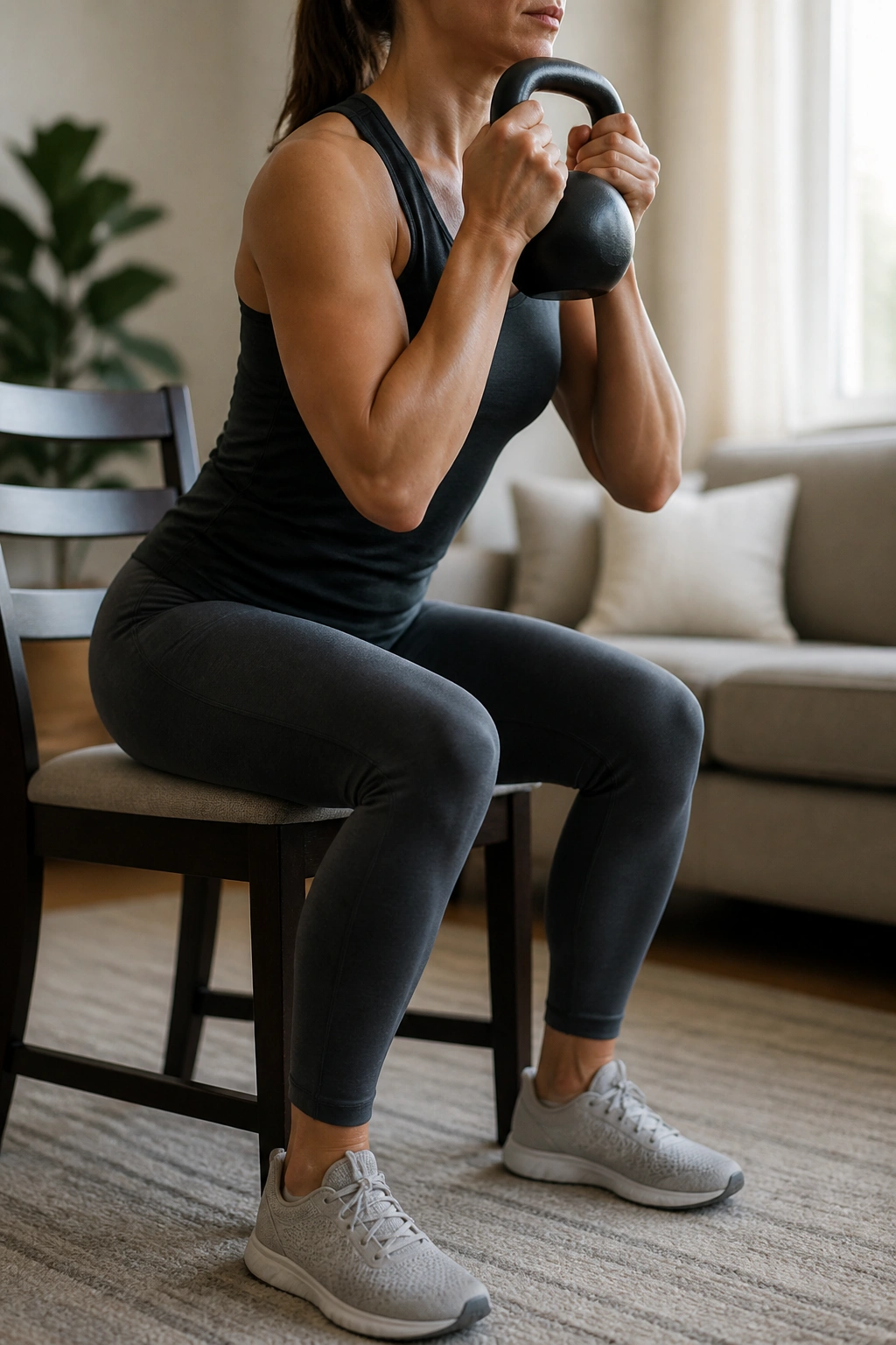 Torso and arms holding a light goblet weight during a chair squat