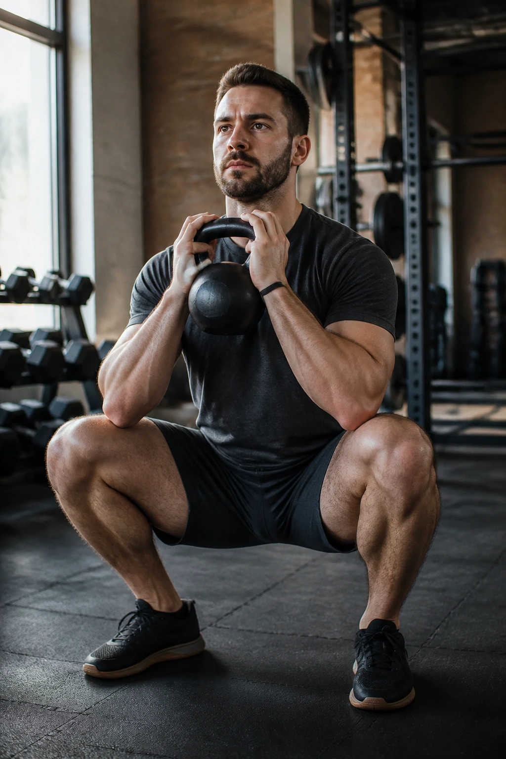 Lifter in goblet squat with kettlebell held at chest