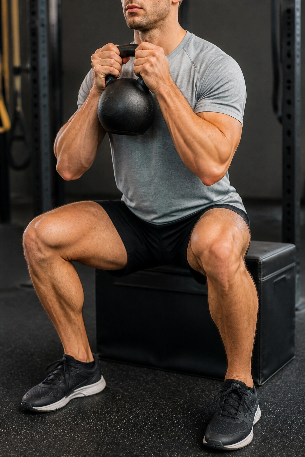 Person performing goblet squat with counterbalance and box behind